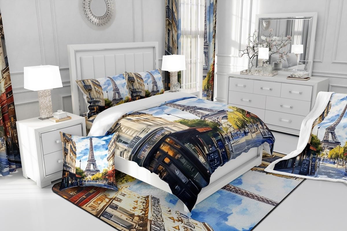 Erosebridal Paris Eiffel Tower Print Bedding Set Travel Theme Comforter Set King City Street Down Comforter for Kids Teens Adults Men,World Famous City Building Landscape Duvet Set