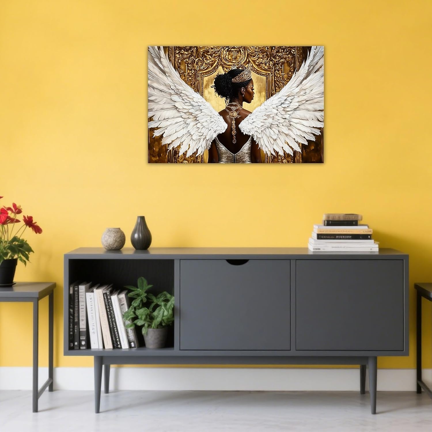 GLOKAKA African American Canvas Wall Art Angelic Woman With White Wings Pictures Spiritual Elegant Artwork Luxury Golden Decor for Living Room Bedroom Girls' Room(Artwork-1,12"x18")
