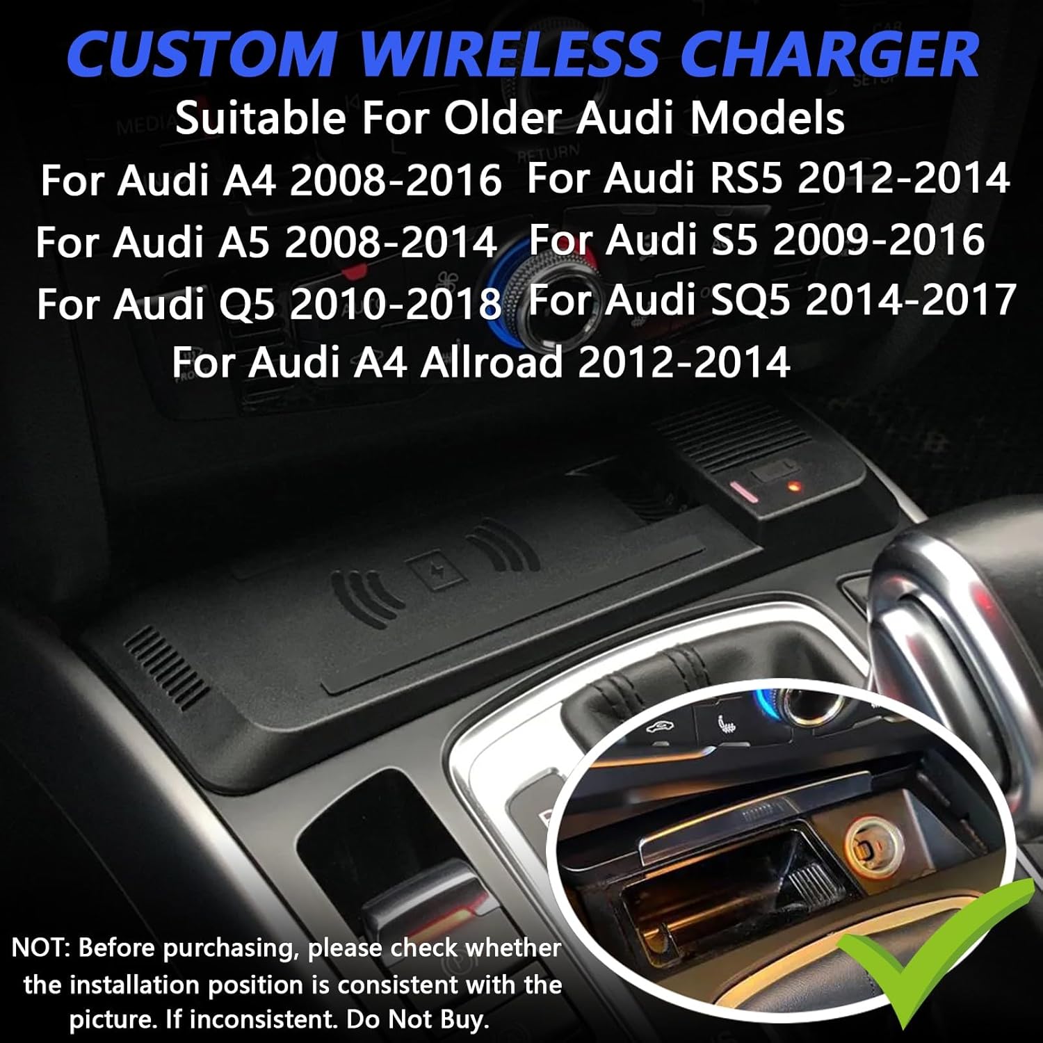 Wireless Car Charger for Audi A4 2008-2016 A5/S5 2008-2016 RS5 2012-2014 Q5 2010-2018 SQ5 2014-2017, 15W Fast Charging Phone Charger Pad for Audi A4 B8 Q5 SQ5 A5 S5 RS5 A4 Allroad Accessory