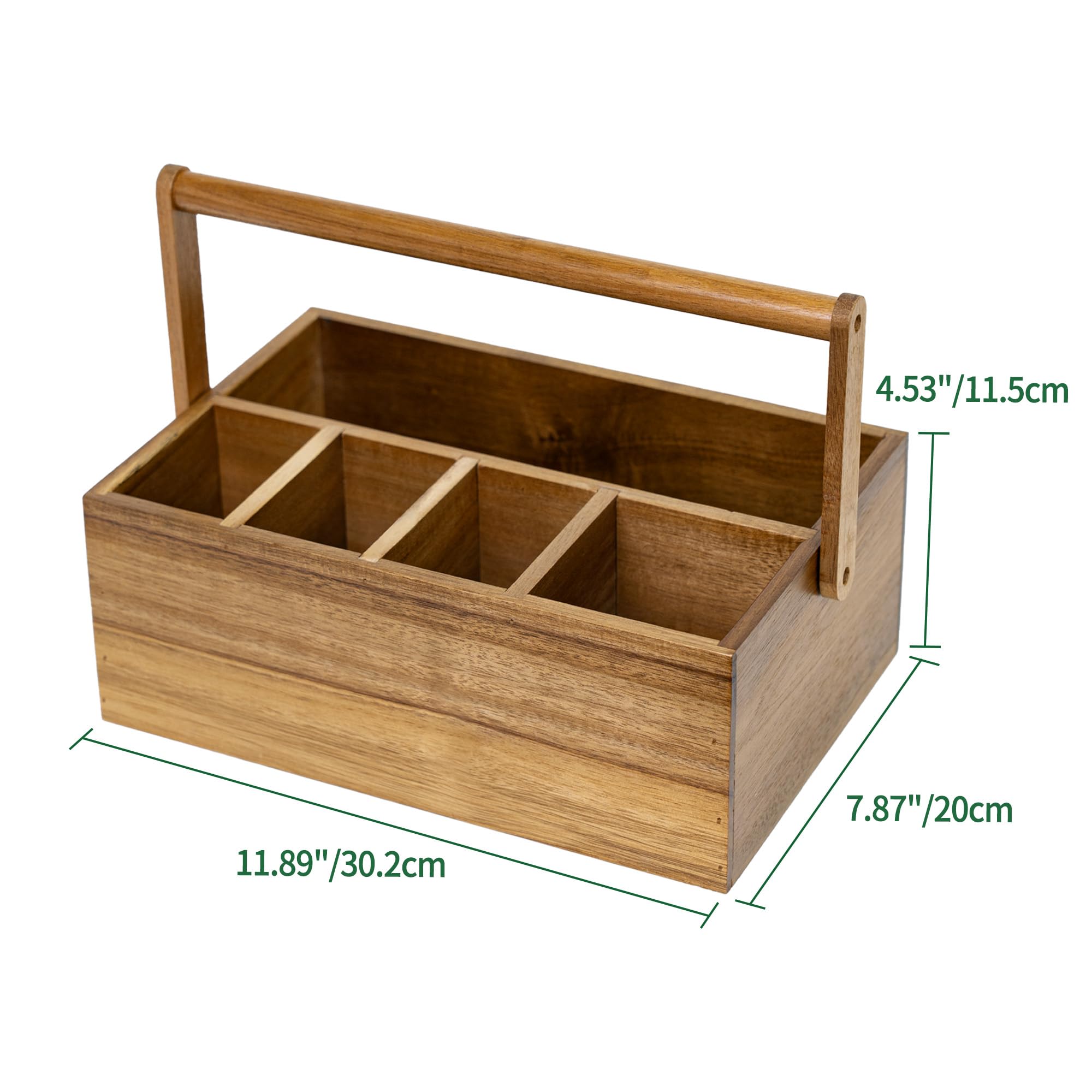 VaeFae Porta posate in legno di acacia con manico, 5 scompartimenti | Legno naturale, divisione pratica degli scompartimenti, multifunzione per utensili e piccoli oggetti