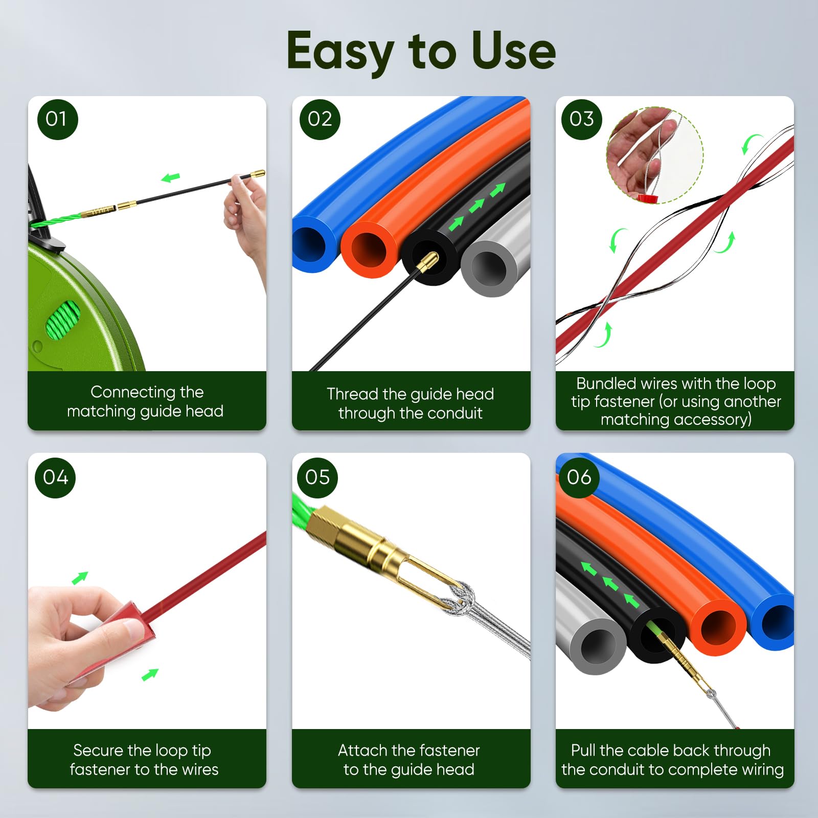 50m Guia Pasacables, 4,5mm Guia Electricista con 6 Adaptadores, Pasacables Cable Eléctrico de Poliéster, Guia Cables Espiral Ayuda de Extracción de Cables para Tirar de Cable