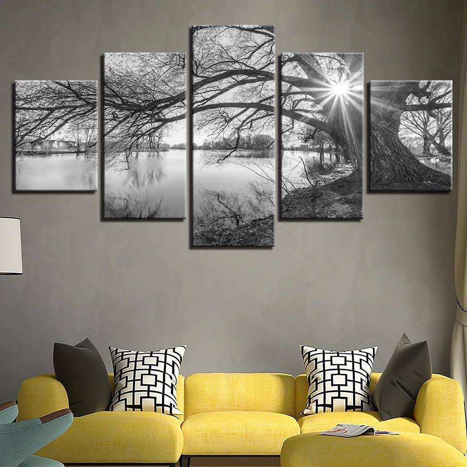 Déco murale salon grands arbres au bord d'un lac : tableau triptyque nature pour s'évader