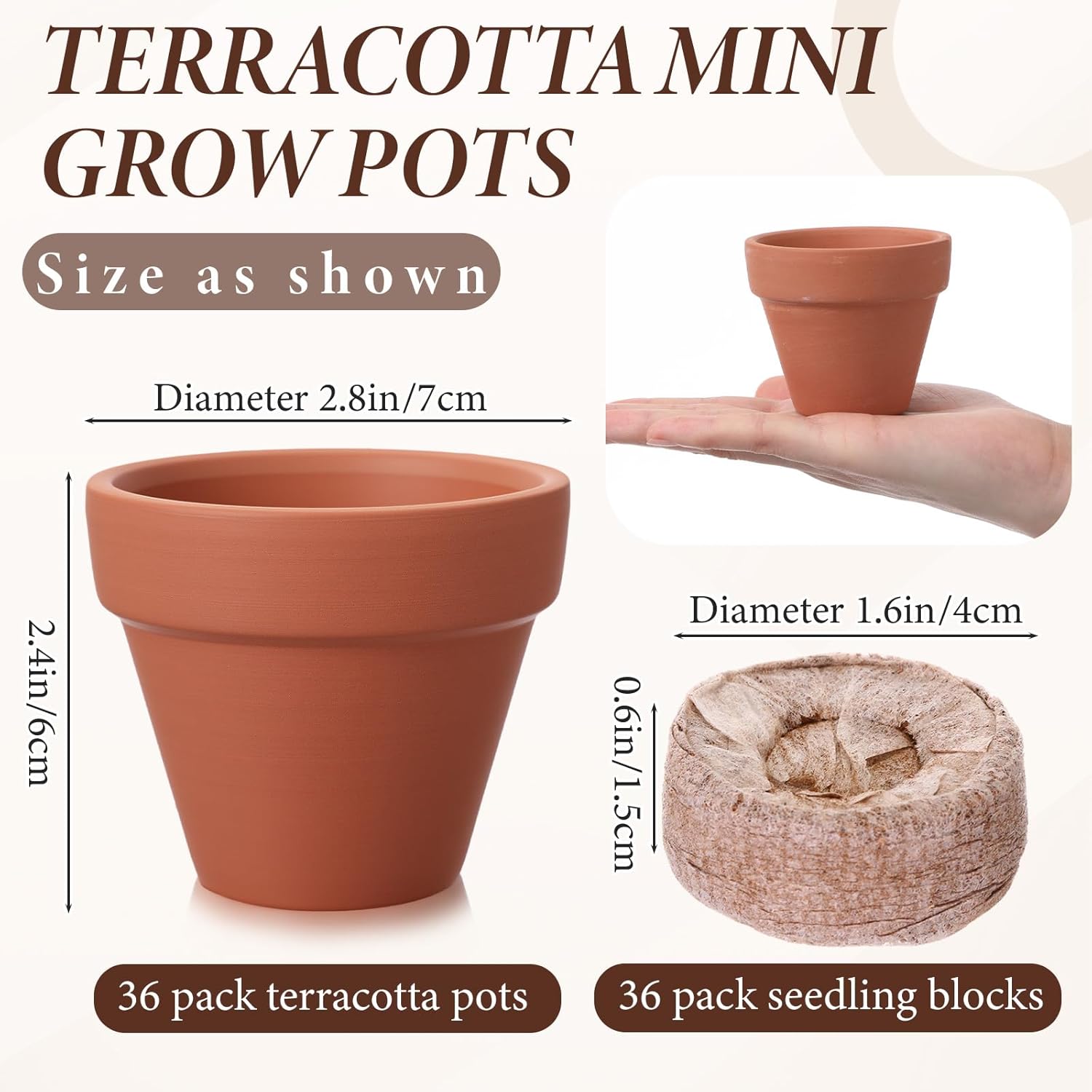 Hushee 36 Pack Small Terracotta Grow Pots with 36 Seedling Blocks Starter Kit for Planting Enthusiasts Indoor Outdoor Plants DIY Garden Plants Gardening Gifts(2.36 x 2.76 Inch)