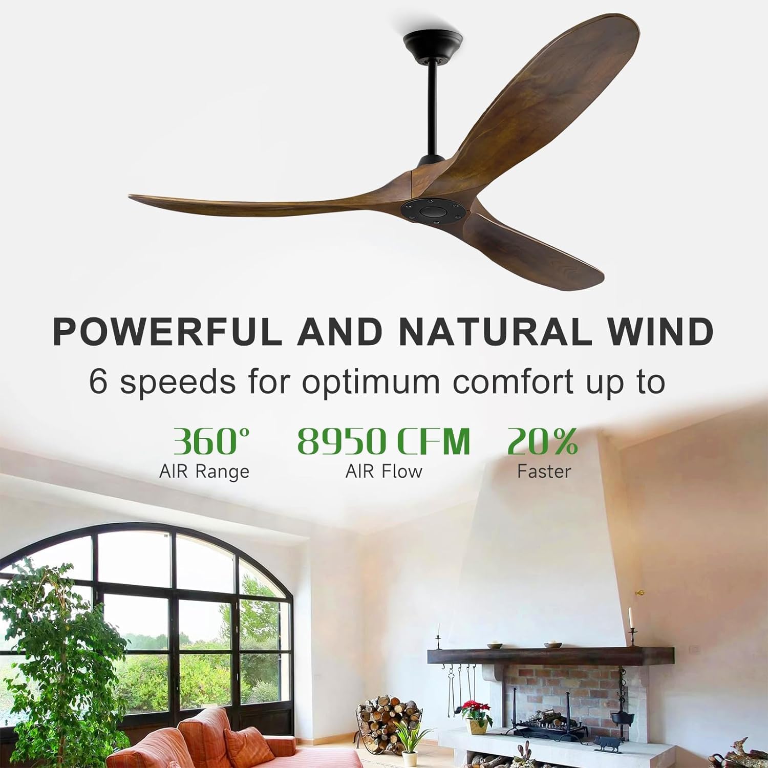 Ventilador de techo de madera sin luz/Función verano-invierno/Temporizador 1/4/8h / 6 velocidades/Ventilador de techo de bajo consumo para interiores y exteriores, Ø152 cm (60 pulgadas)