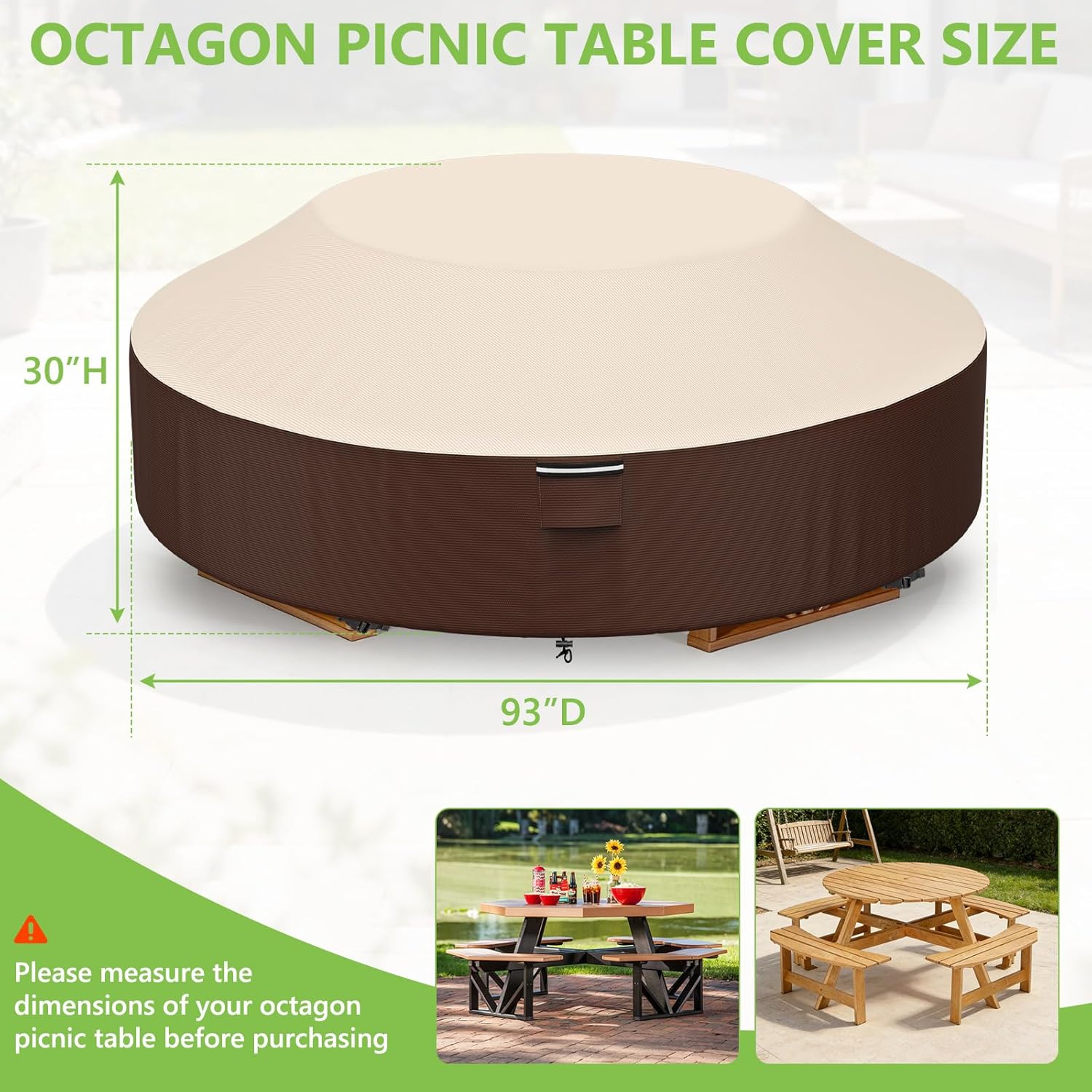 AKEfit Octagon Picnic Table Cover,Waterproof Patio Picnic Table Cover for 6-8 Seat Outdoor Table & Chair,Beige&Brown All-Weather Protection Material,93" Dia x 30" H