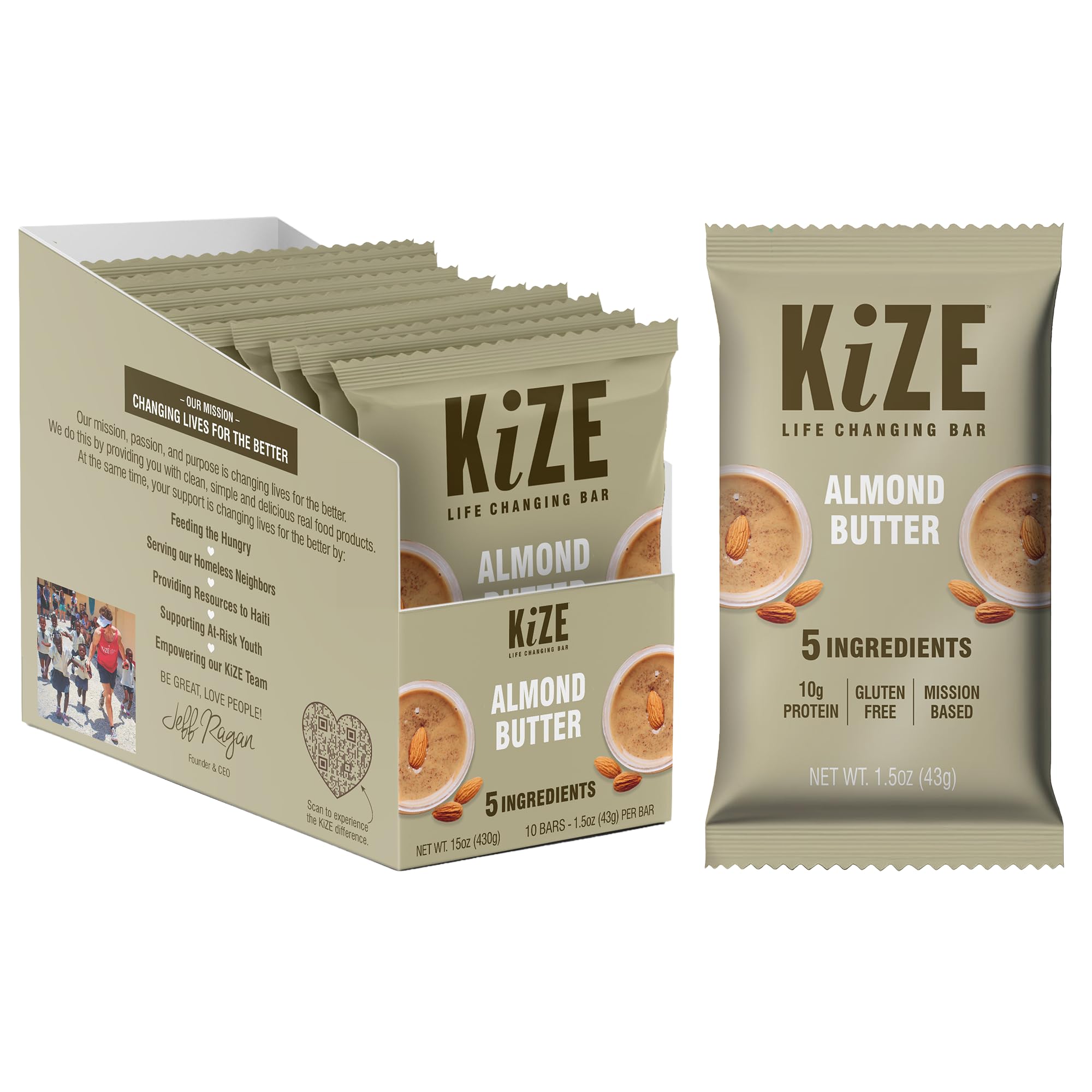 KiZE Energy Bars - Almond Butter - Almond-Butter-Based, Gluten Free, Non-GMO, and High Protein Meal Replacement Energy Bars, Clean and Simple Food Ingredients - 10g High Protein Snacks, (10 Count)