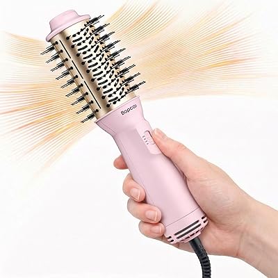 Bopcal Mini Warmluftbürste 4-in-1, Ionen Föhnbürste für Volumen & Glatte Haare, Tragbare Heißluftbürste mit Dualspannung für Reise, Rundbürsten Föhn mit 3 Temperaturstufen