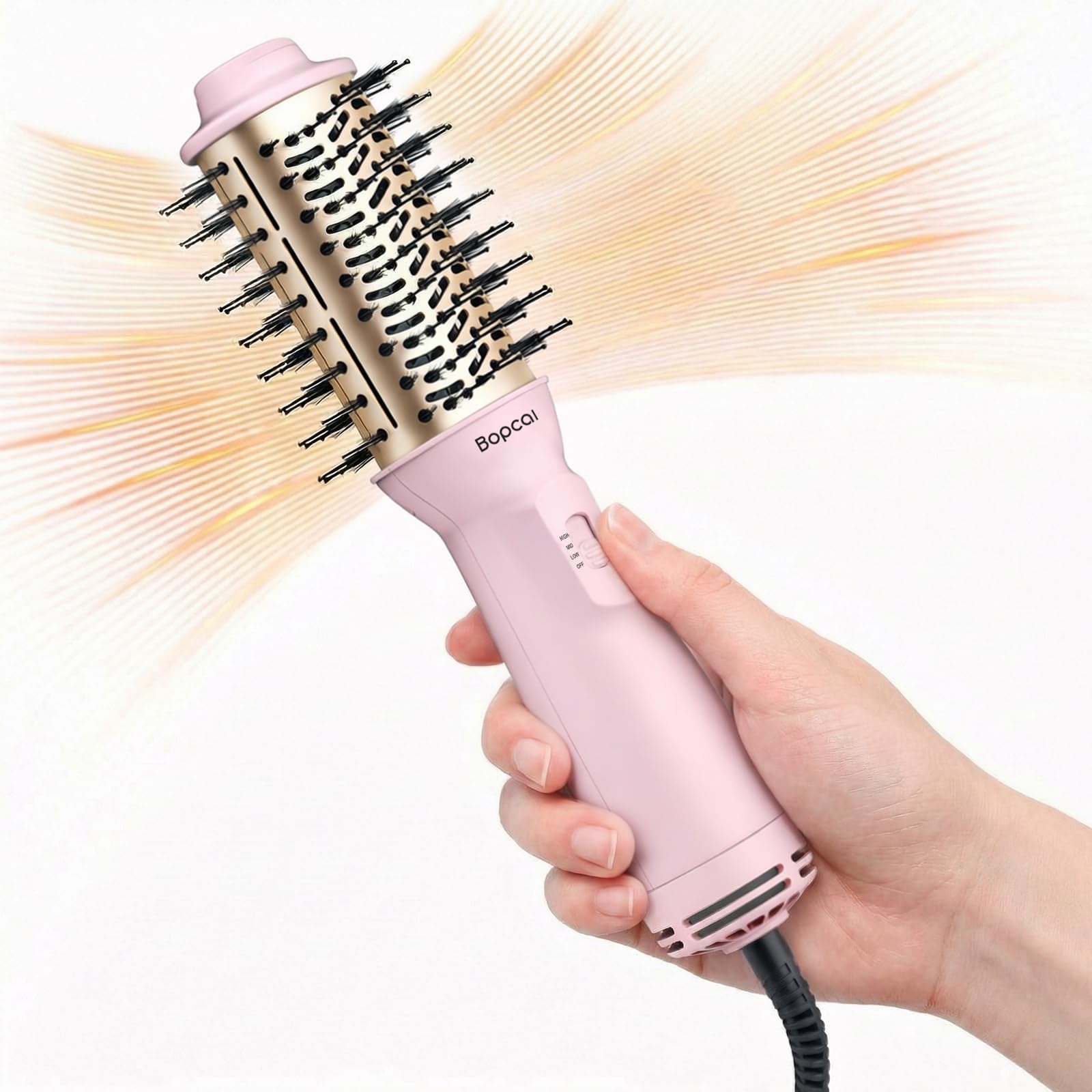 Bopcal Mini Warmluftbürste 4-in-1, Ionen Föhnbürste für Volumen & Glatte Haare, Tragbare Heißluftbürste mit Dualspannung für Reise, Rundbürsten Föhn mit 3 Temperaturstufen