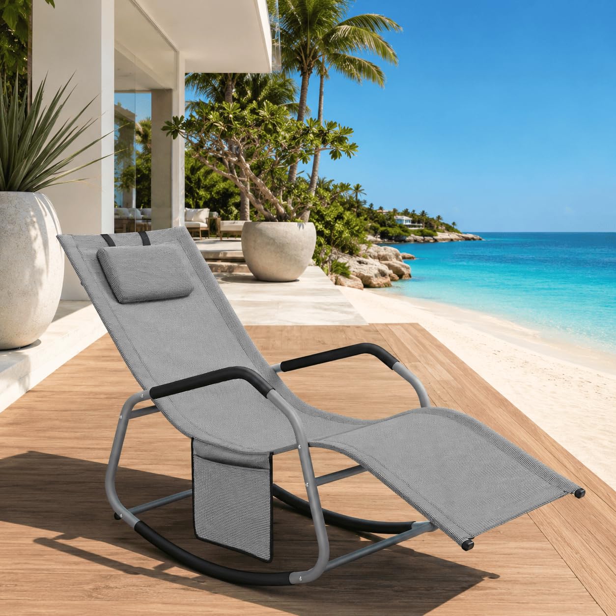 Sedia A Dondolo Ergonomica Da Esterno Con Cuscino Antiribaltamento E Tasca Laterale Sdraio Da Giardino Con Tela In Textilene E Telaio In Acciaio 151 x 56 x 90 Cm Grigio