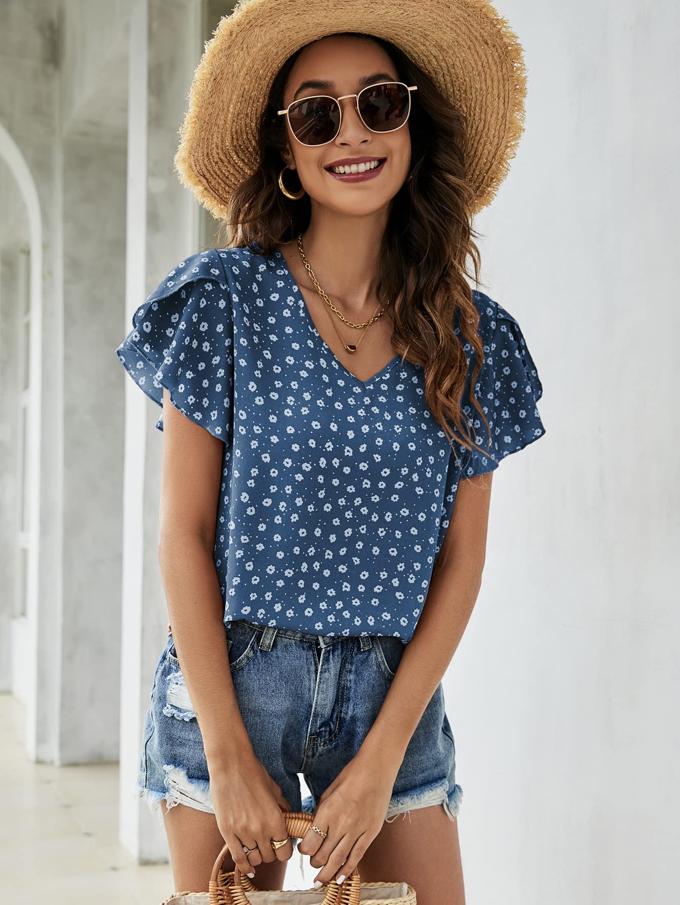 T-Shirts Casual V Cou pour Femmes au Motif Original de Pétale Floral Bleu XL