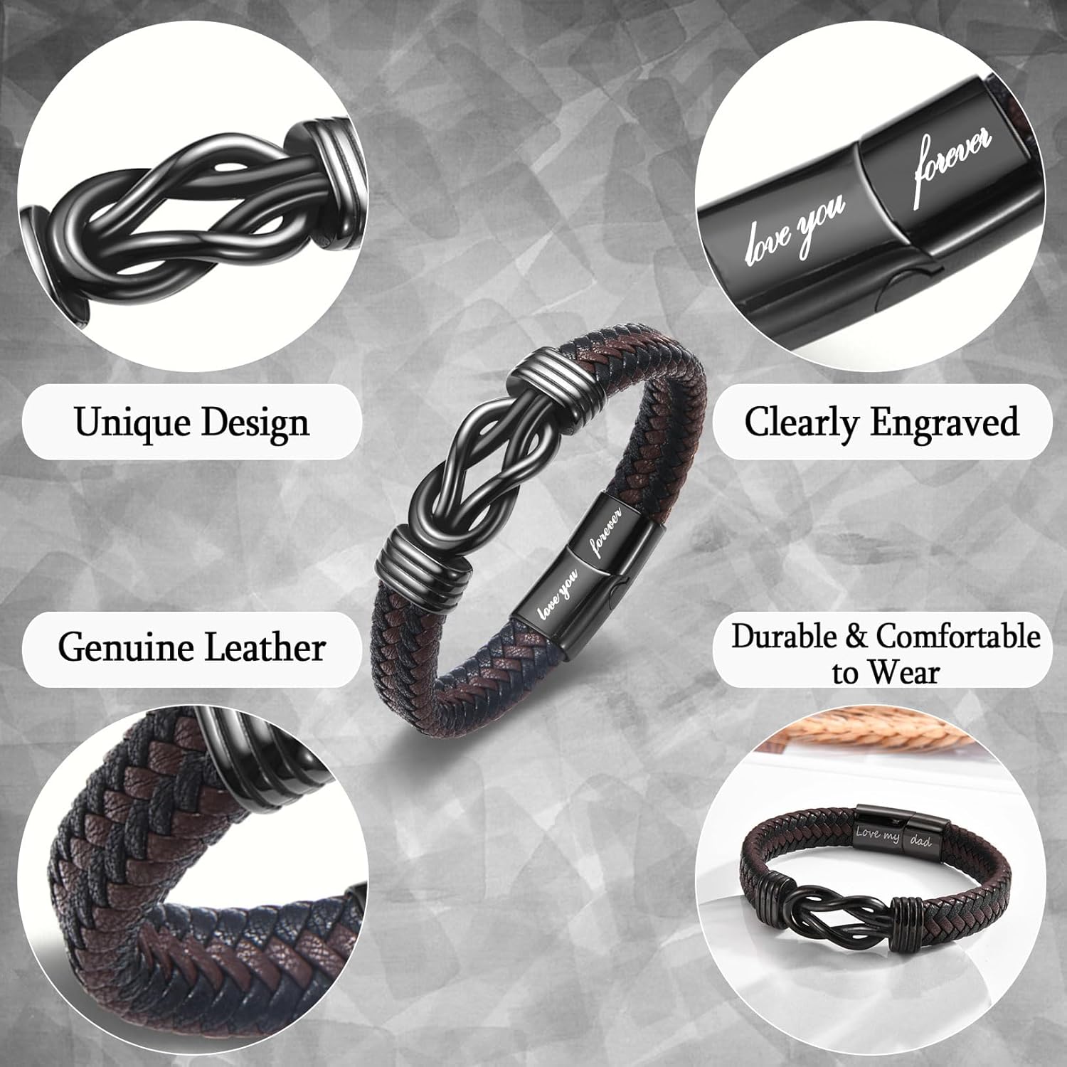 Gifts for Dad Son Grandson Boyfriend Husband, Cool Infinity Leather Bracelet for Him Birthday Christmas Anniversary Valentine's Day Present Ideas for Men - Image 6