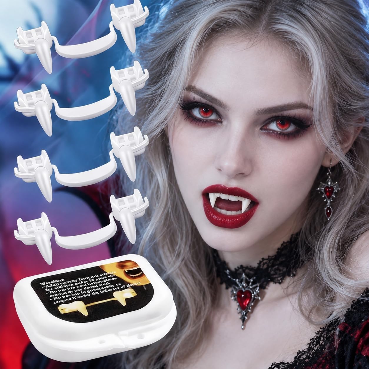 YKTEAM 4 Pairs Vampir Zähne Kit Vampirzähne Halloween Cosplay Vampir Fangs Gefälschte mit 1 Rohr Zähne Pellets Klebstoff für Party Cosplay, Halloween, Demon, Witch