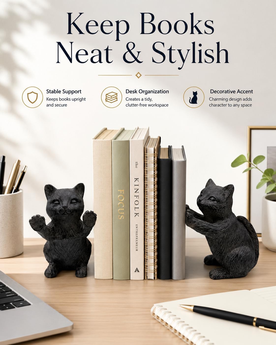Set of 2 Black Resin Cat Bookends, Cute Cat Decorative Bookends for Shelves, Heavy Cat Figurine Book Supports for Bookshelf, Desk, Office, Living Room, Study Room Decor, Gift for Cat Lovers (Cat)
