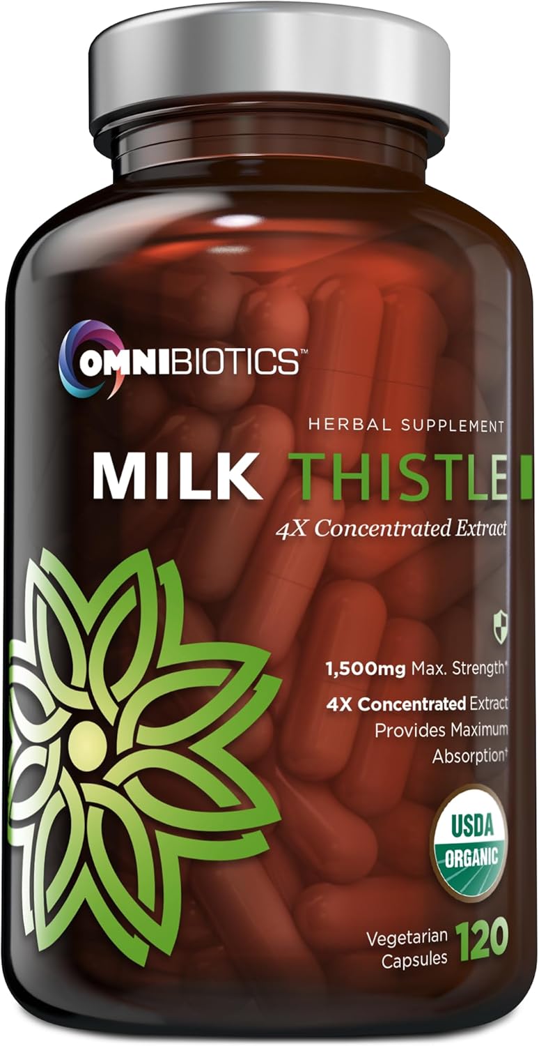 OmniBiotics Organic Milk Thistle Supplement 1500mg – 4X Concentrated Extract with Silymarin – High Potency Liver Detox & Support – 120 Vegan Capsules