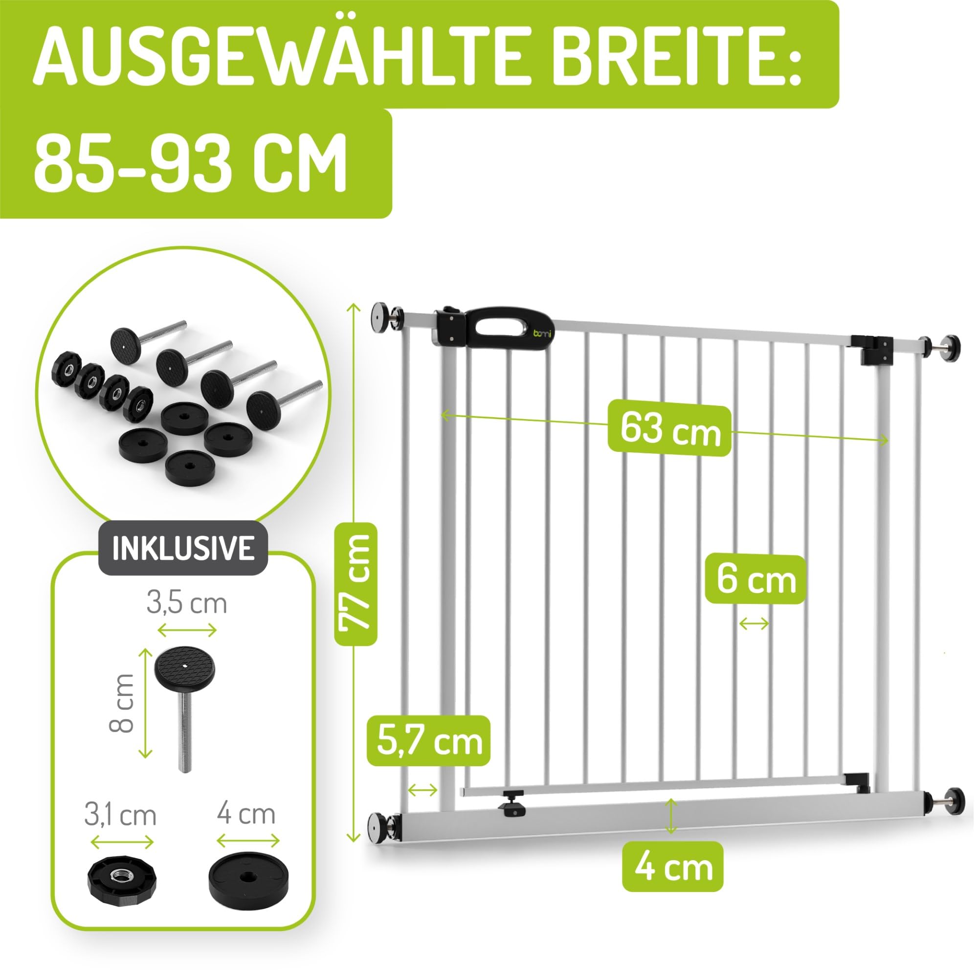 BOMI TÜV GS Siegel Kindertreppen Gitter XXL Merle | Ohne Bohren | 90 Stop | Schließt automatisch | Gittertür aus Metall Weiss | Stabile Baby Schutzgitter Tür für Kindersicherheit | Breite: 85-93 cm