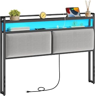 HOOBRO Queen Size Upholstered Headboard, Storage Headboard with Charging Station and Adjustable LED Lights, Queen Headboard Only, 2 Standard Outlets and 2 USB Ports, Black and Gray BB54UDBH01