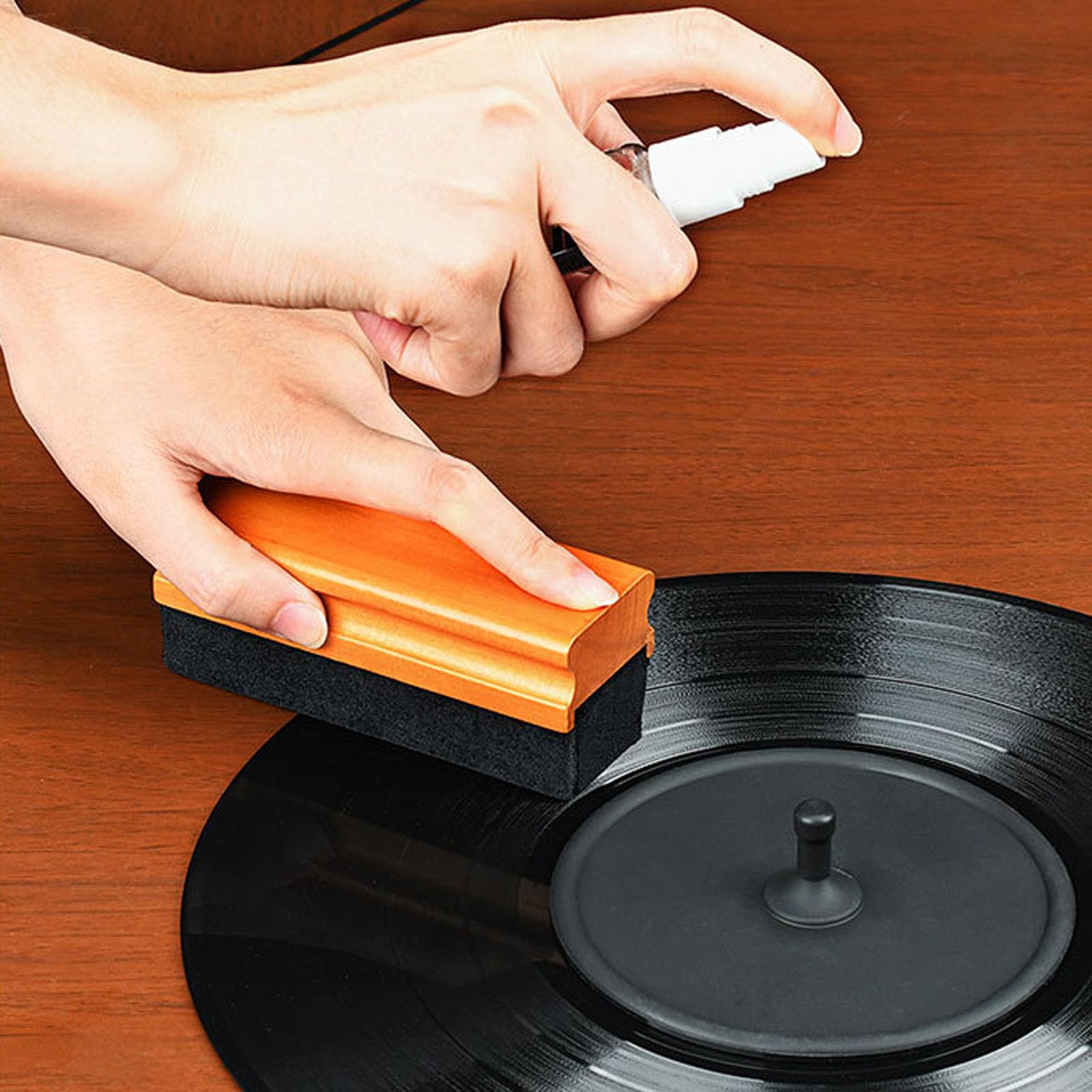 Set portatile per la cura dei dischi con manico in legno spazzola antistatica in fibra di pulizia Kit Vinili Fluido Con e fluido