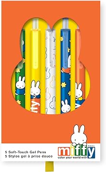 Studio Oh! Classic Miffy Too Soft-Touch Gel Pens Set 5 Colored Pens, Smooth Grip, Fine Point, School & Office Supplies, Miffy Artwork, Gift Box with Ribbon Pull, Black, Blue, Green, Yellow, Orange Ink