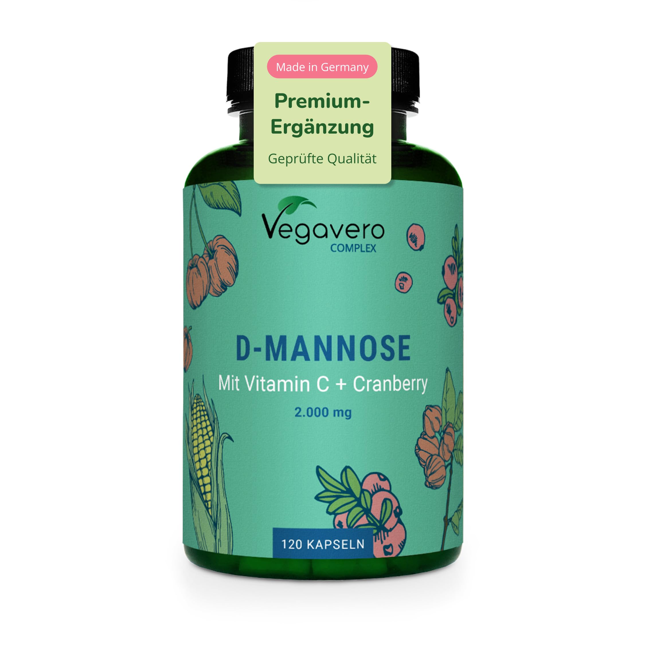 D-Mannose + Cranberry Vegavero | 100% Natürlich | 2.000 mg pro Tag | Mit Vitamin C aus Acerola | Vegan & Ohne Zusätze | 120 Kapseln