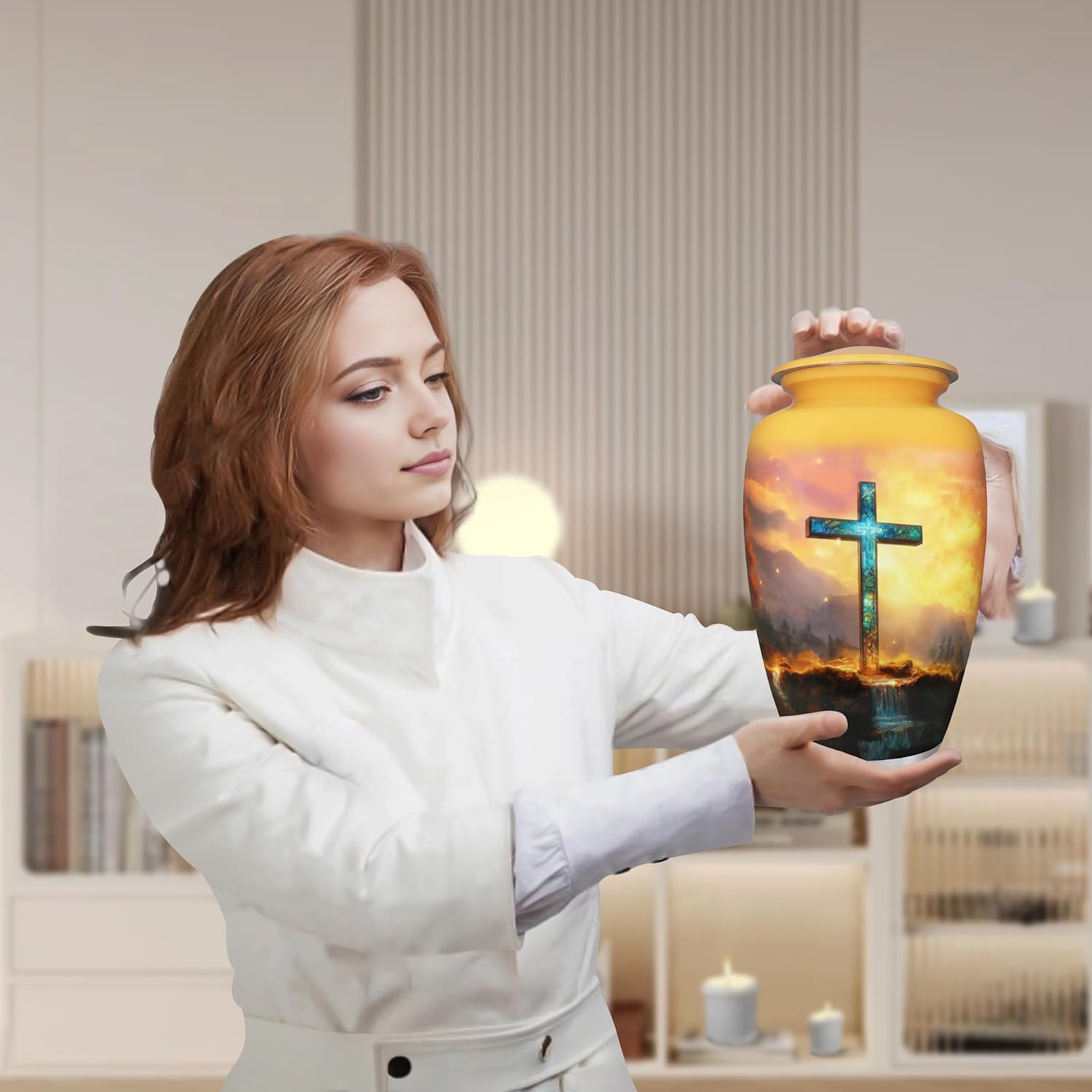 Urn for Ashes Adult Male & Female, Cremation Urns for Human Ashes Adult Man & Women, Soulful Religion Cross, Burial, Funeral Decorative Urn, Golden Galaxy, Crosses Urns - Large Full Size - Image 3