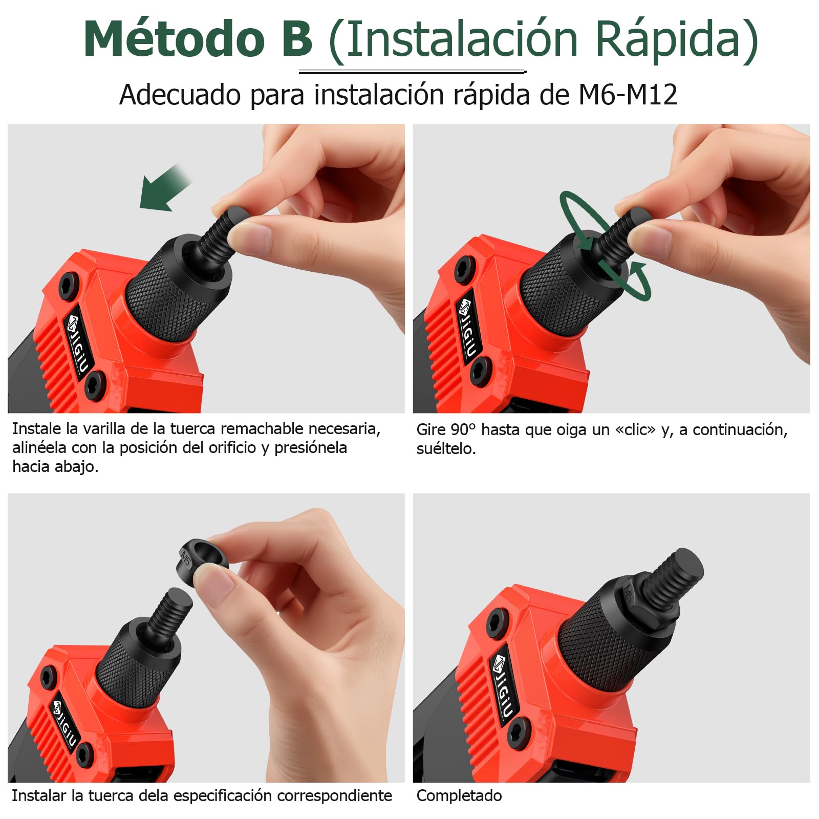 JiGiU 13'' Remachadora de Tuercas con 110 Tuercas M3 M4 M5 M6 M8 M10 M12 Juego de Alicates para Remachar 7 Mandriles Intercambiables para Automoción, Componentes Metálicos, Construcción