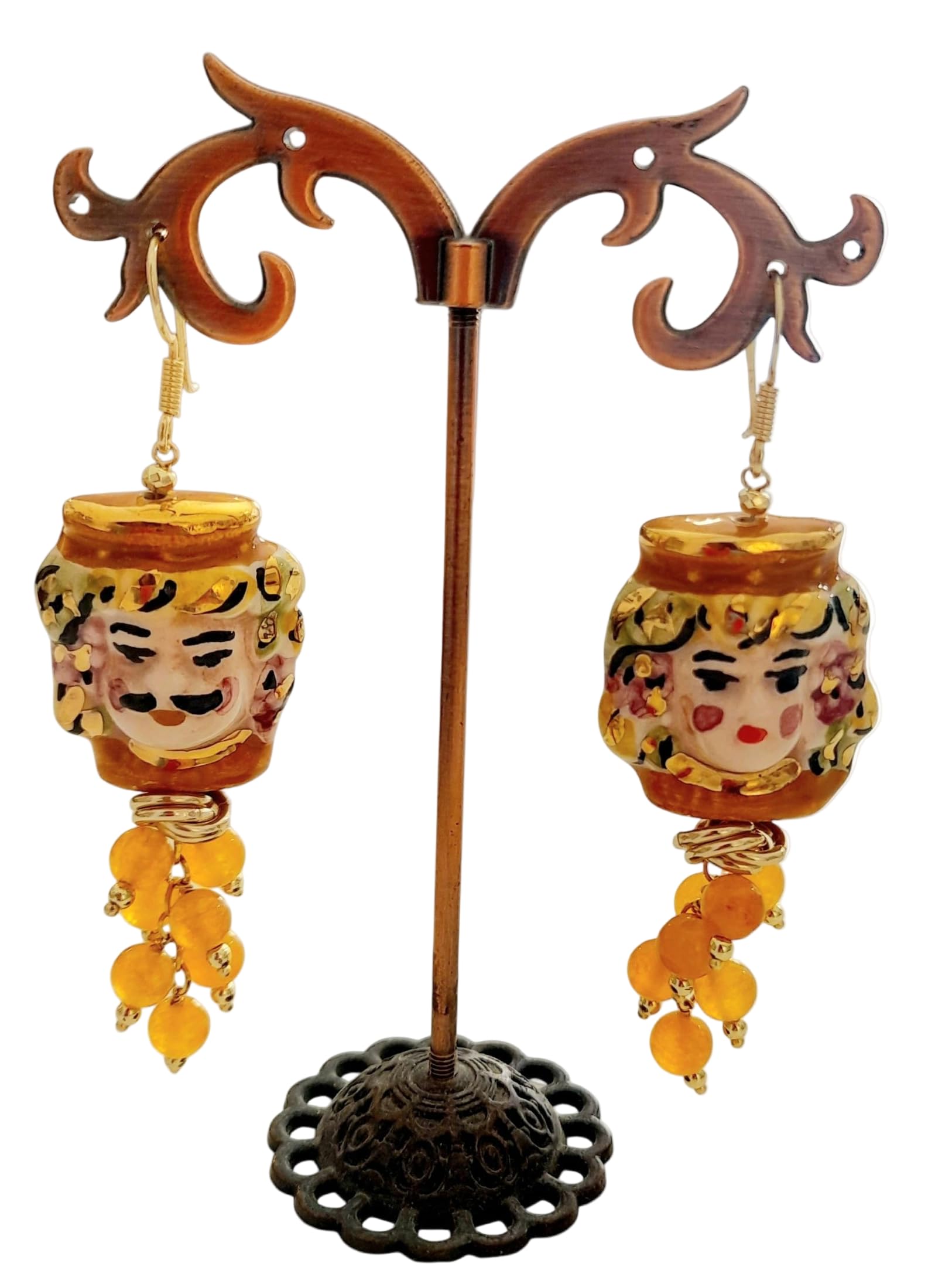 Pendientes Moor's Heads de cerámica Caltagirone con perla turquesa y esmalte dorado