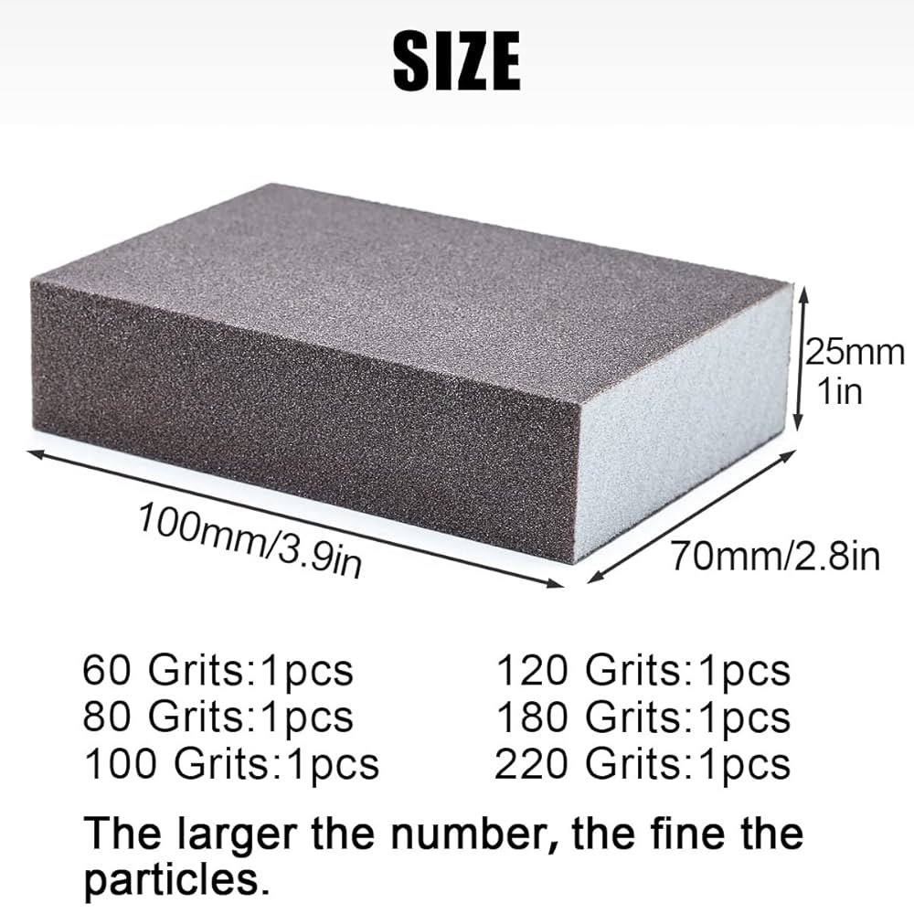 Kit 6 Spugne Abrasive Con Grana 60/80/100/120/180/220 - Lavabili E Riutilizzabili Per Legno, Metallo, Vernice E Pareti - Dimensioni 7x10x2.5cm