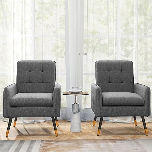 Miniatura 10 de Giantex Silla decorativa moderna de mediados de siglo, sillón tapizado con respaldo copetudo, patas de metal, almohadillas ajustables, sofá