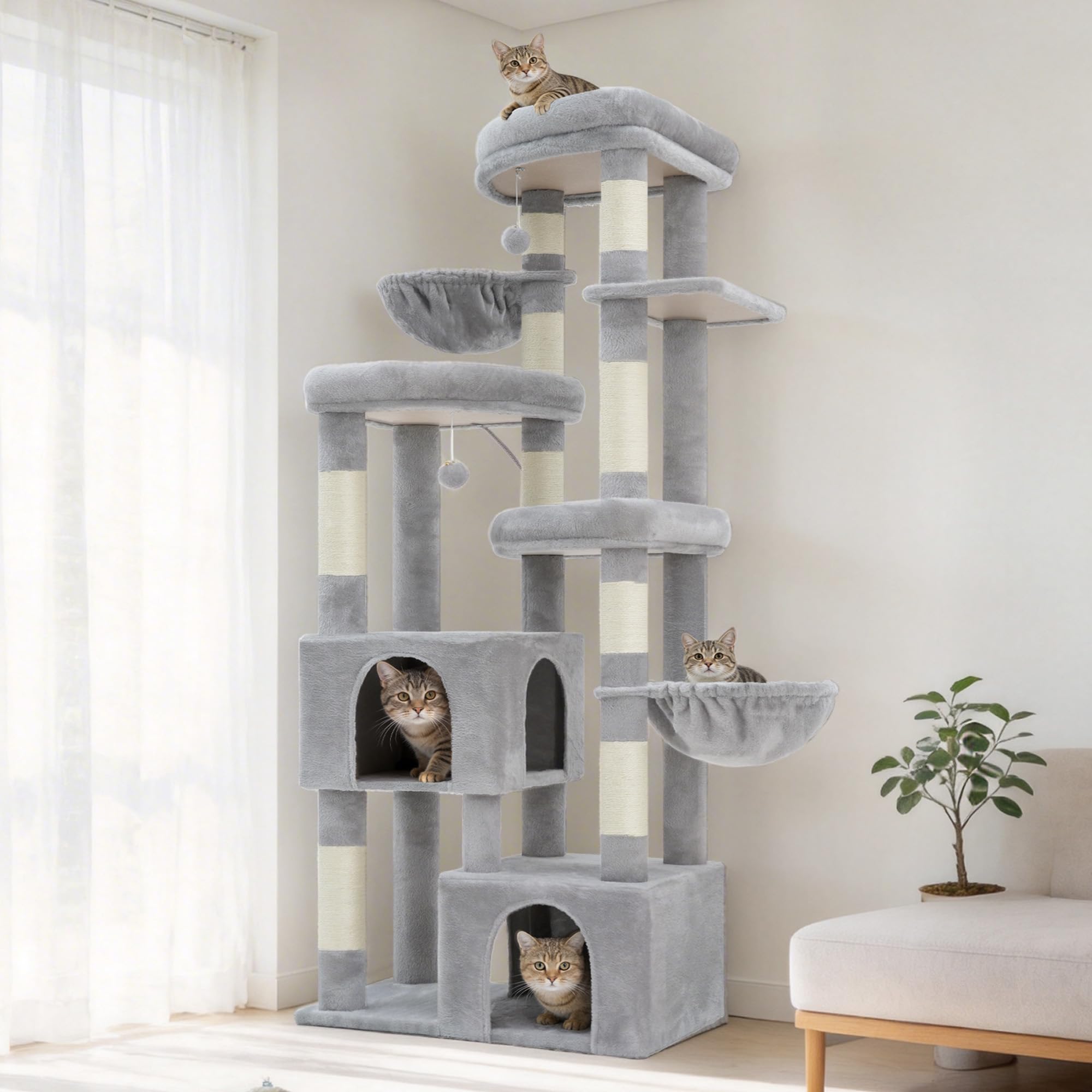 Hey‑brother Rascador para Gatos,con 3 Plataformas Grandes, 2 Cueva, MPJ084W | 171cm Árbol para Gatos Multi-Nivel, 2 Cestas Suaves, 2 Pelota de peluche, para Maine Coon de Interior, Gris Claro
