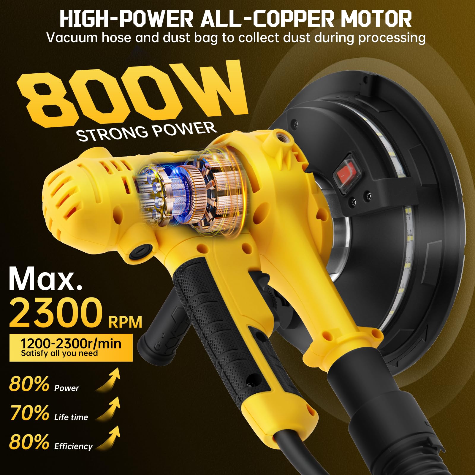 800W Electric Drywall Sander, Variable Speed1200-2300RPM Wall Sander with Vacuum, LED Lights, Dust Bag and Hose,12 Pcs Sanding Discs - Image 4