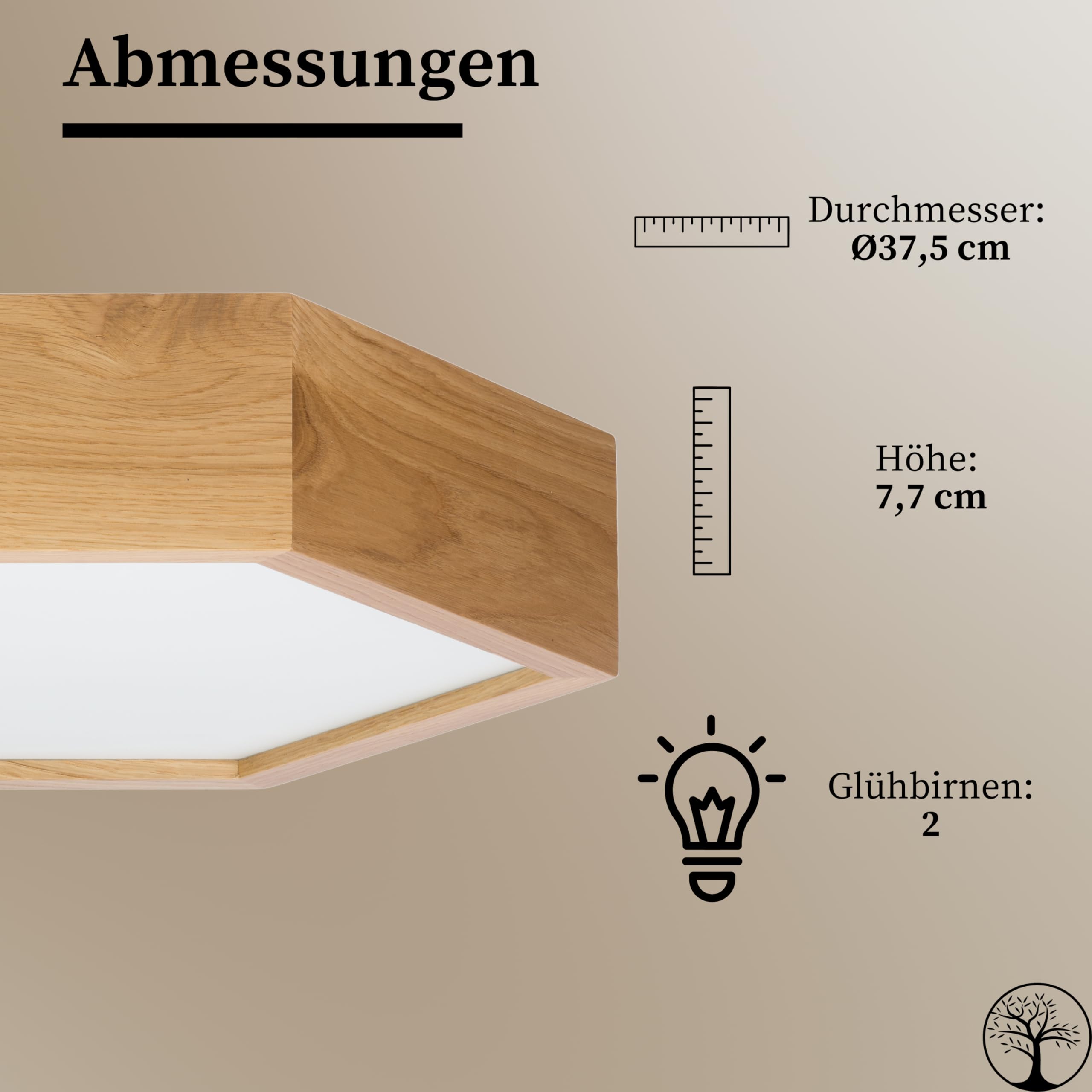 Deckenlampe - Sechseck Holz Deckenleuchte Eiche 2xE27 (∅37 cm) - Modern Beige Lampe für Schlafzimmer, Wohnzimmer, Flur, Küche - Stilvolle Eichenholz LEJA