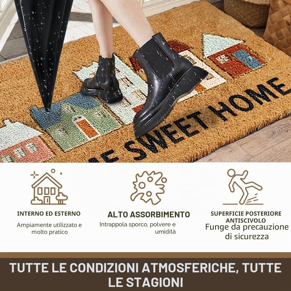 Qingbei Rina Zerbino per Porta Esterna, 60x90cm Zerbino per Porta d'Ingresso in Fibra di Cocco Resistente Esterno con Retro Antiscivolo, Grandi Zerbini per Porta Esterna - Home Sweet Home
