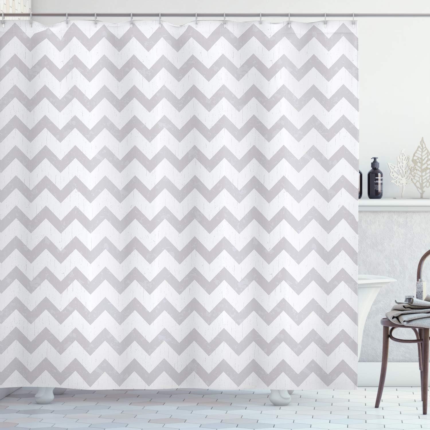 Ambesonne Grey and White Shower Curtain, Chevron Pattern Zigzag Geometrical Arrow Lines Stripes Abstract Print, Cloth Fabric Bathroom Decor Set with Hooks, 69" W x 75" L, Pale Grey White