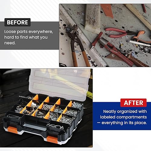 Miniatura 6 de Organizador de piezas pequeñas, caja organizadora de herramientas, paquete de 2 organizadores de hardware de doble cara con 34 compartimentos con