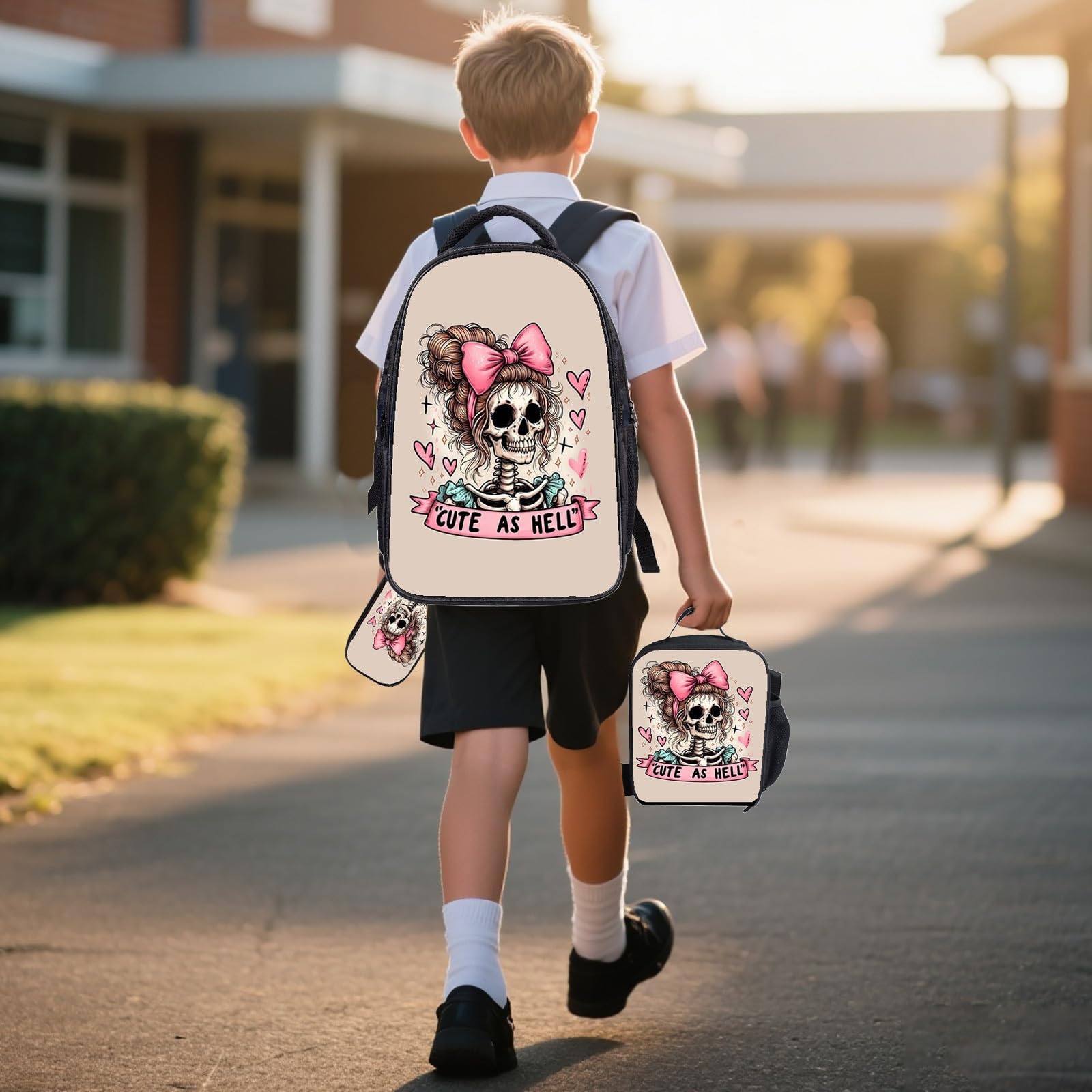 Juego de mochila escolar de Halloween para niños con bolsa de almuerzo, estuche para lápices, 3 unidades, bolsa de libros para estudiantes, diseño ligero de gran capacidad, e, Talla única, Clásico
