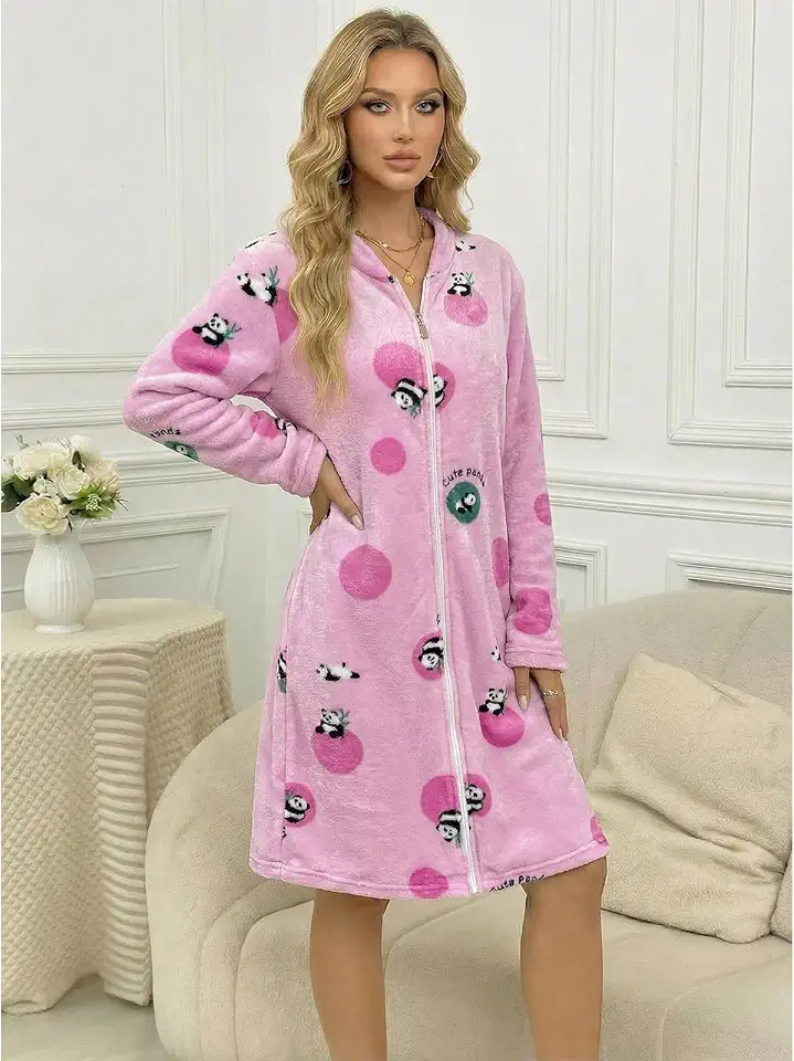 Camisola feminina com zíper, manga comprida, casaco de panda fofo com capuz, bolsos e zíper frontal