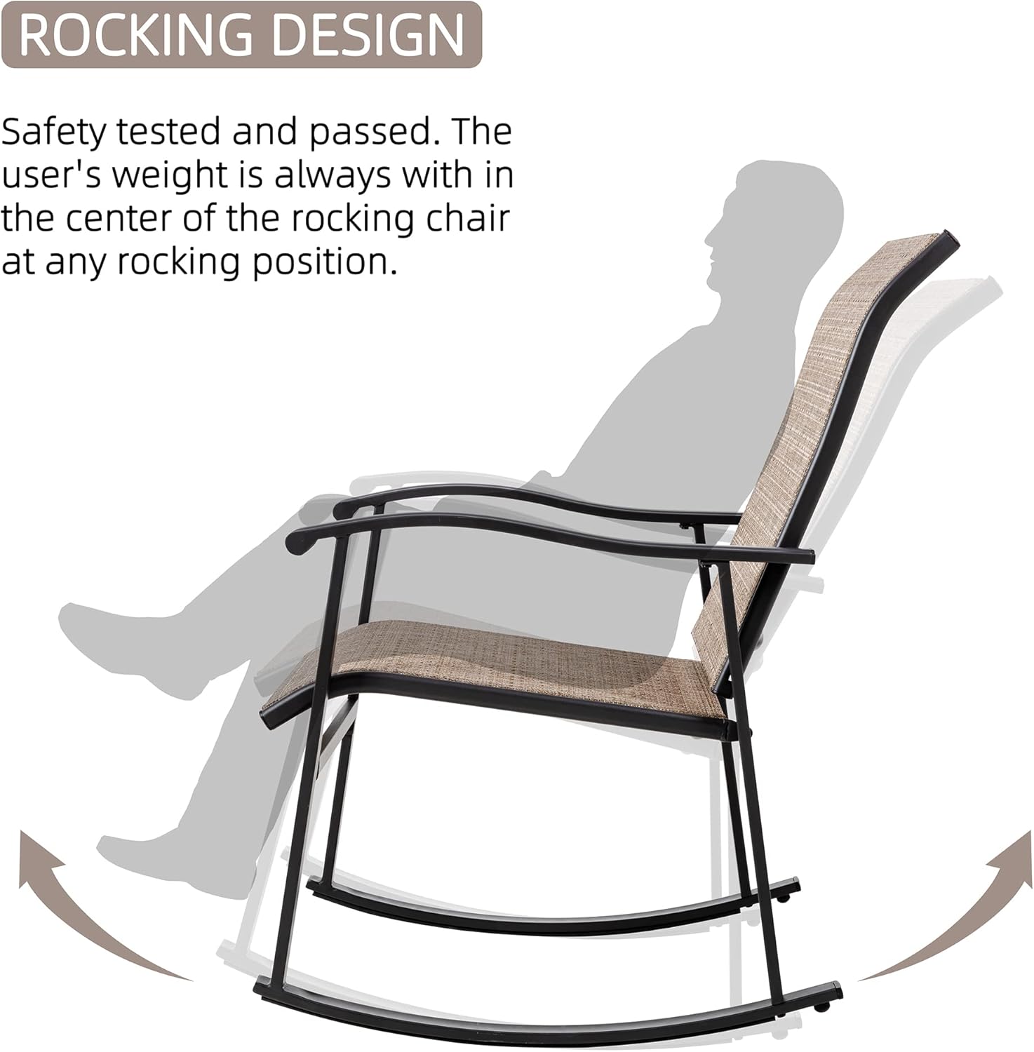 Vongrasig 3 Piece Outdoor Rocking Bistro Set, Textilene Fabric Small Patio Furniture Set, Front Porch Rocker Chairs Conversation Set with Glass Table for Lawn, Garden, Balcony, Poolside (Brown)