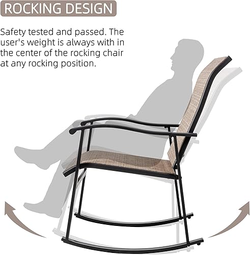 Miniatura 5 de Vongrasig 3 Piece Outdoor Rocking Bistro Set, Textilene Fabric Small Patio Furniture Set, Front Porch Rocker Chairs Conversation Set with Glass