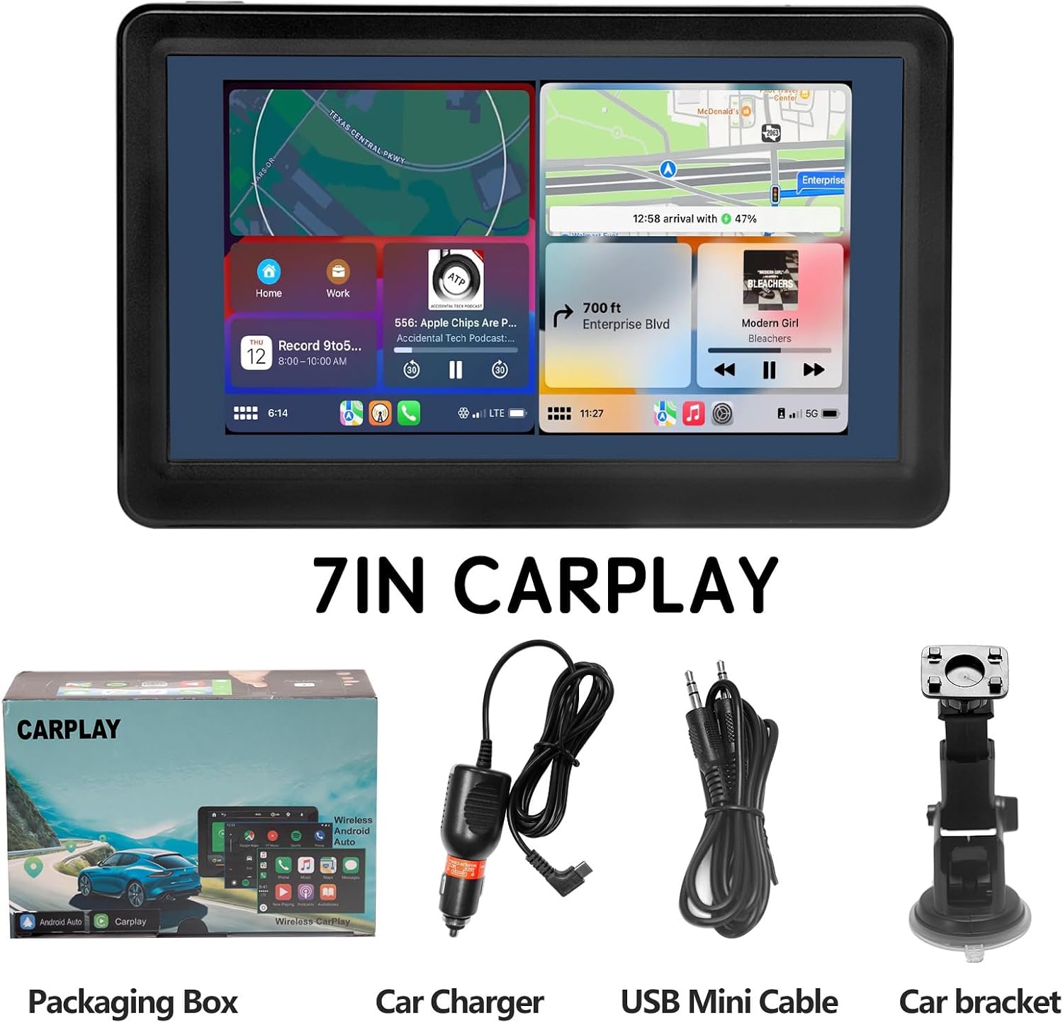 Wireless Car Stereo Compatable with Apple CarPlay and Android Auto, 7-inch Touch Screen in Car FM Transmission, with 5.0 Bluetooth Hands-Free/Mirrored Projection/Portable Car Stereo for All Vehicles