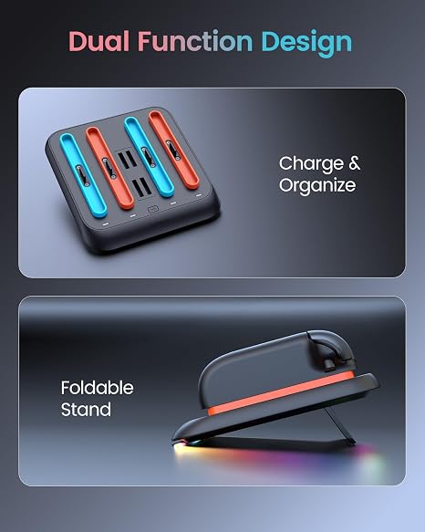 TRANSNOVO Charging Dock for Nintendo Switch 2 (2025) 4-in-1 Dual-Sided Magnetic JoyCon Charger with 9 RGB Modes, 4 Game Card Slots & Circuit Protection
