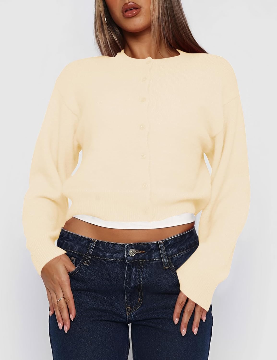 Kistore Womens Cropped Cardigan Sweaters Crew Neck Long Sleeve Button Up Sweaters Lightweight Knit Trendy Sweaters 2025 - Image 2