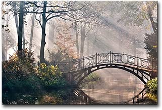 Autumn Tree Canvas Print Wall Art Painting for Home Decor,Tranquil Autumn Forest with River Bridge and Morning Light Rays Sunshine in The Netherlands Paintings Modern Framed Artwork - coolthings.us