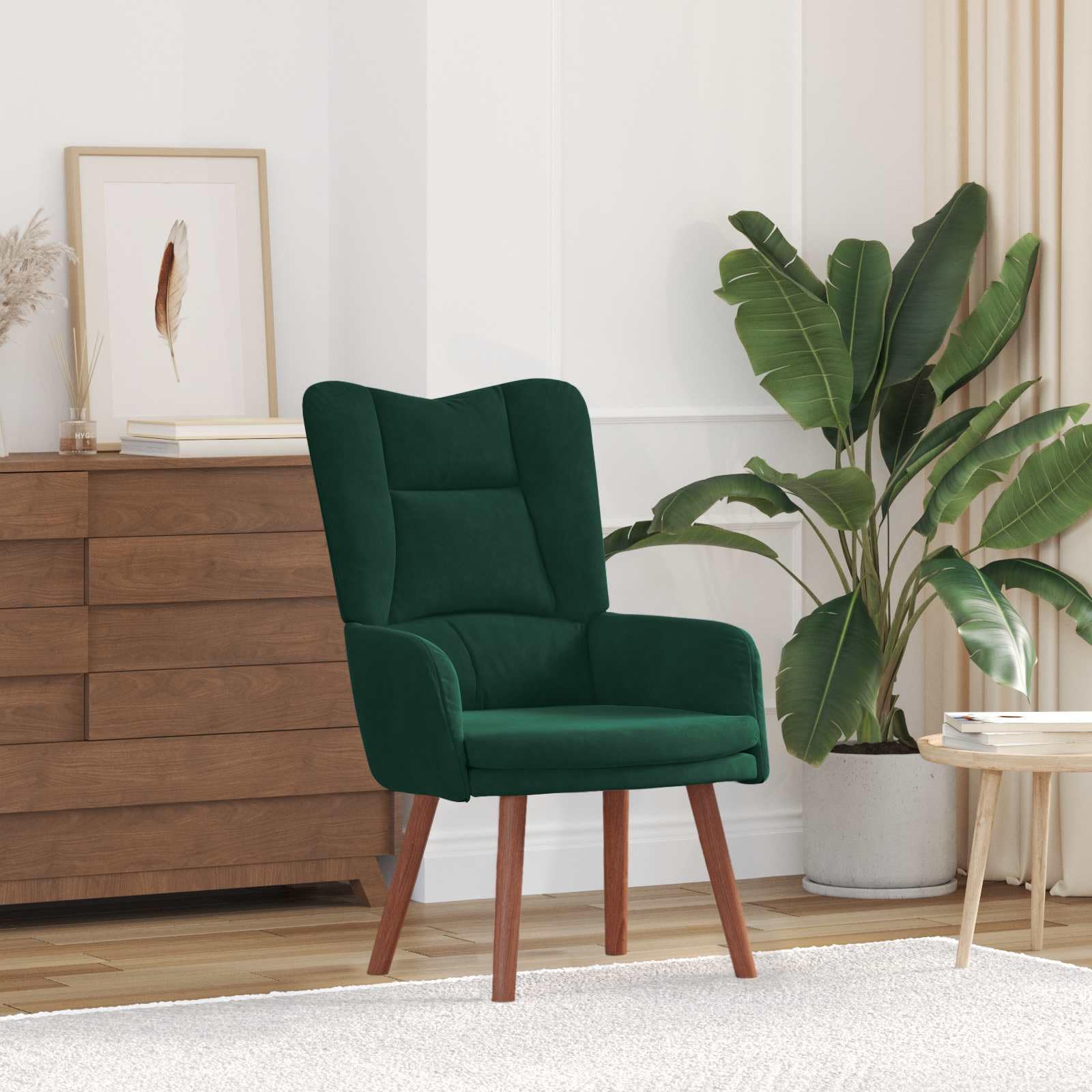 Fotel ciemnozielony aksamit z wyściełanymi podłokietnikami 63 x 67 x 94 cm, relaksacyjny mebel do siedzenia do salonu, sypialni, biura, ergonomiczny, ze stabilnymi nogami z drewna