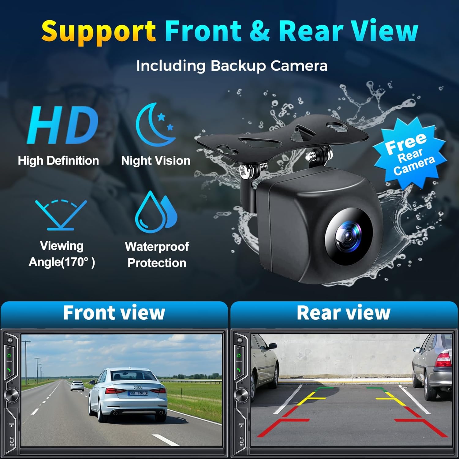 SJoyBring 7-Inch Double Din Car Stereo with Wireless CarPlay and Android Auto, 4.2-240W Channel Audio Output, Bluetooth 5.3, MirrorLink, HD QLED Touchscreen, Backup Camera, AM/FM Car Radio