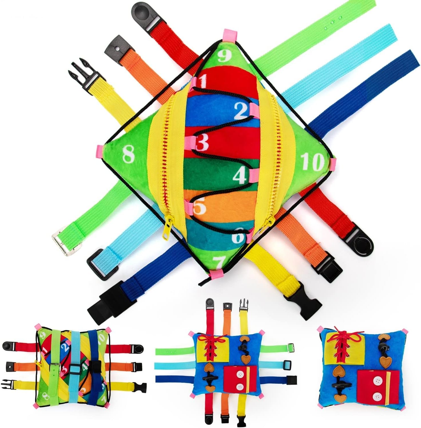Sensory Pillow Buckle Pillow Toy, Travel Toys for Toddlers on Plane Buckle Toddler Toy Soft Stuffed Fidget Fat Brain Toys Early Development - Learn Number Colour, Develop Fine Motor Skill