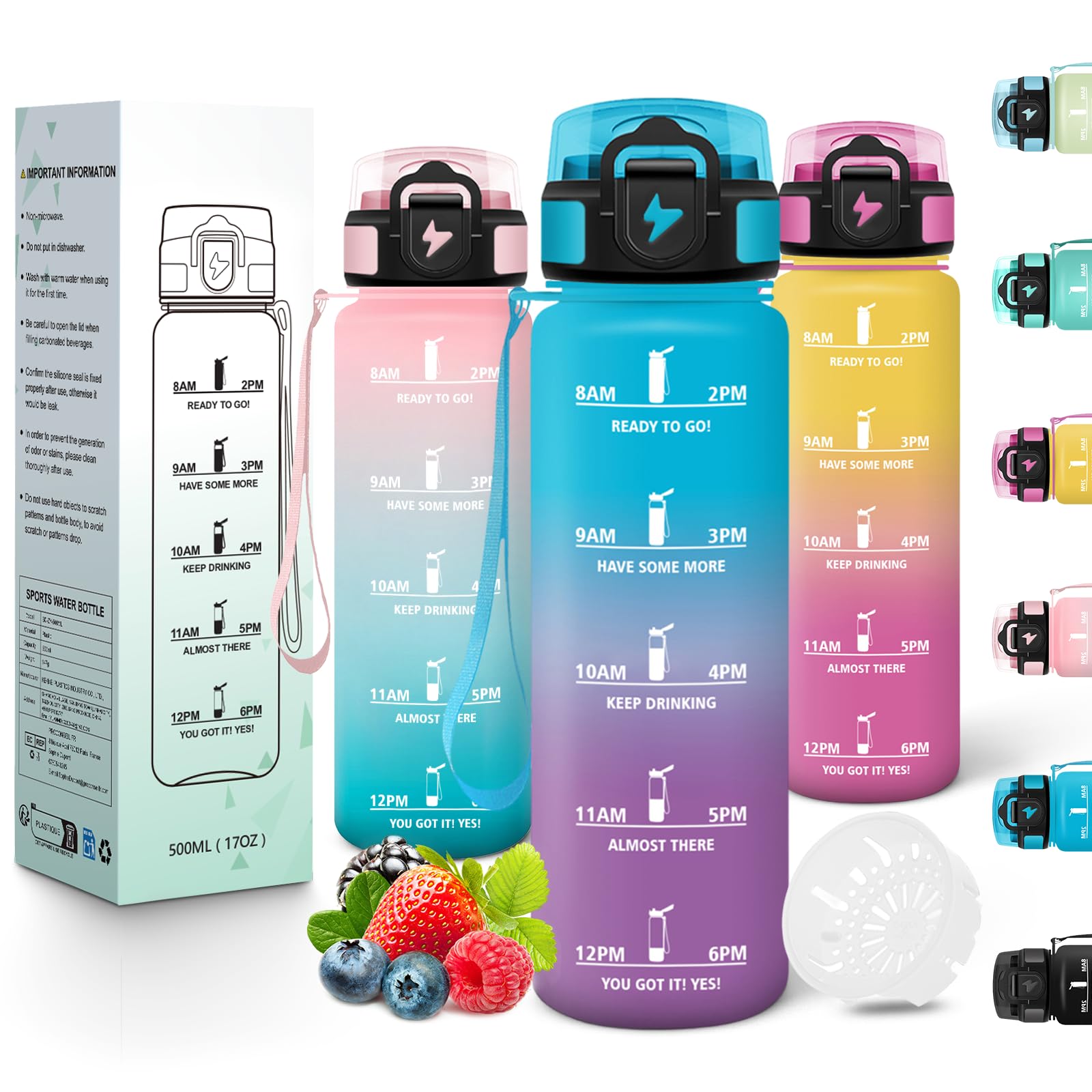 Motswedi Sports Water Bottle, 500 ml, BPA-Free, Suitable for Carbonated Drinks, Leak-Proof, Water Bottle, with Time Stamp, Bottle, Sports Bottle, for Yoga, School, Daily Travel, Blue Purple