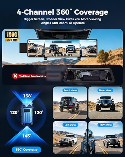 Miniatura 2 de Cámara de tablero de espejo de 4 canales, cámara de espejo retrovisor de 12", cámara de tablero frontal y lateral trasera (izquierda, derecha)