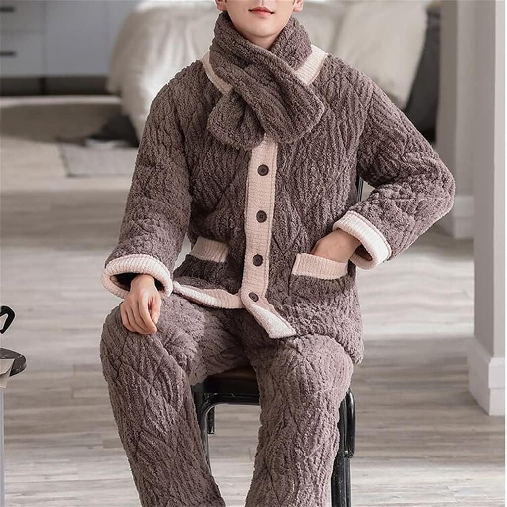 With Scarf Pajamas Male Winter Thick Coral Velvet Autumn And Winter Cotton-padded Jacket Home Clothes