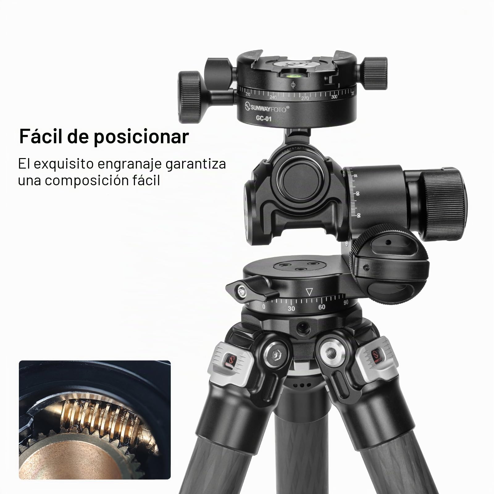 Sunwayfoto GH-PROII+ Cabezal de engranaje 3D con ajuste independiente viene con abrazadera panorámica de engranajes GC-01