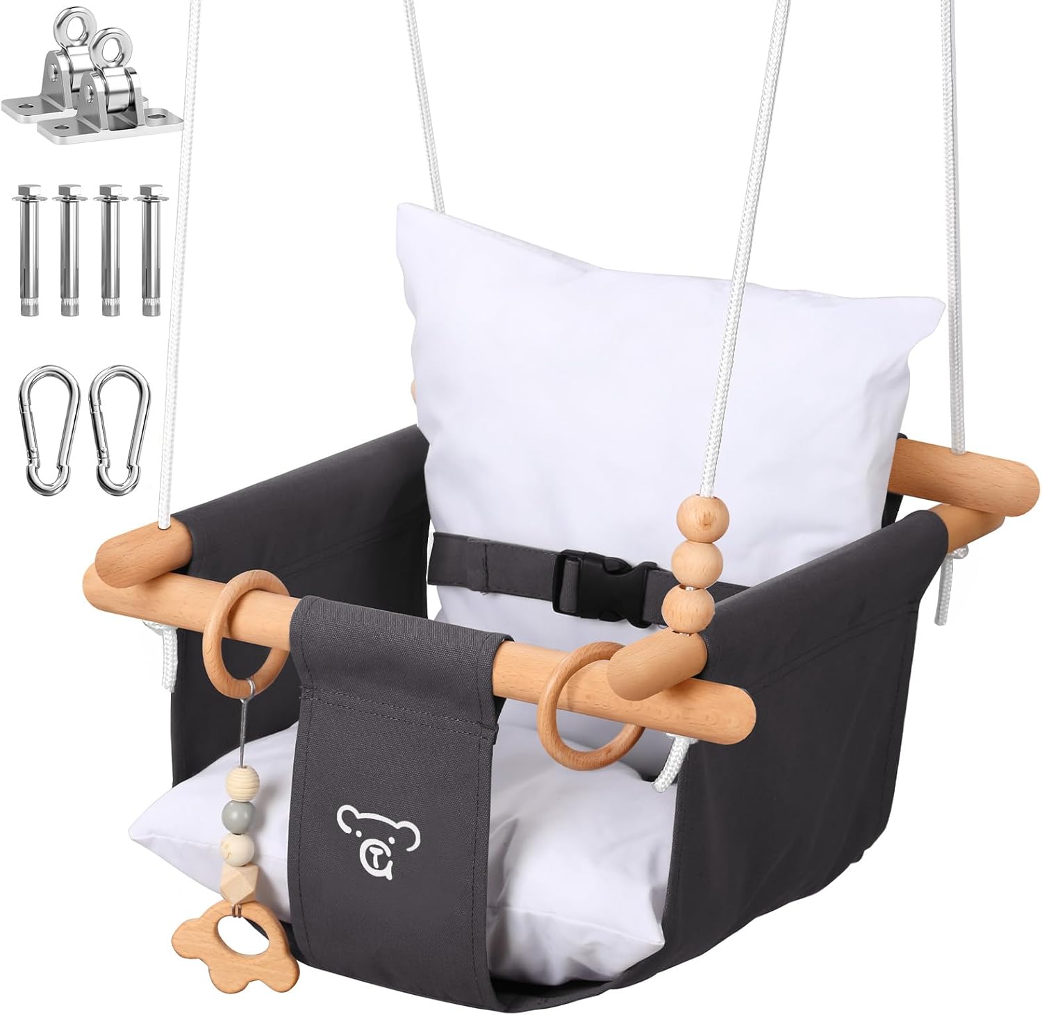 Talecogear Baby Swing – Outdoor & Indoor, Cozy Toddler Swing for Backyard, Hanging Swing Seat Chair, Cotton Canvas & Beech Wood Frame, Safety Harness, Mounting Hardware Included (Gray)